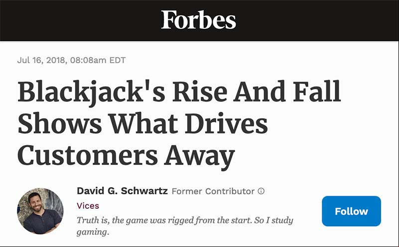 Forbes blames Blackjack's decline in popularity primarily on the 6-to-5 payout.